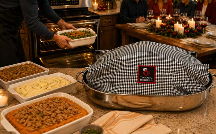 Chef's Blanket on Turkey on kitchen island